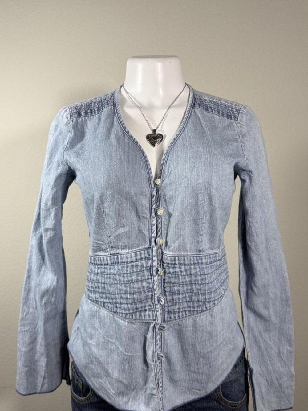 American Eagle Button Front Light Wash Denim Top